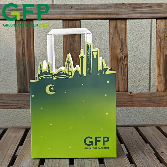 Embalagem de alimentos para viagem com logotipo personalizado impresso em atacado, sacola de papelão para artesanato, sacola de papel para alimentos com alça